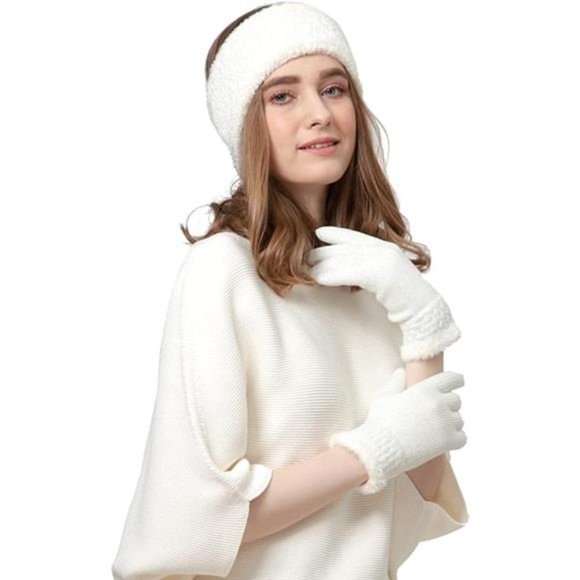Womens Winter Cable Plush Warm Fleece Lined Knit Gloves & Headband 2 Pieces Set